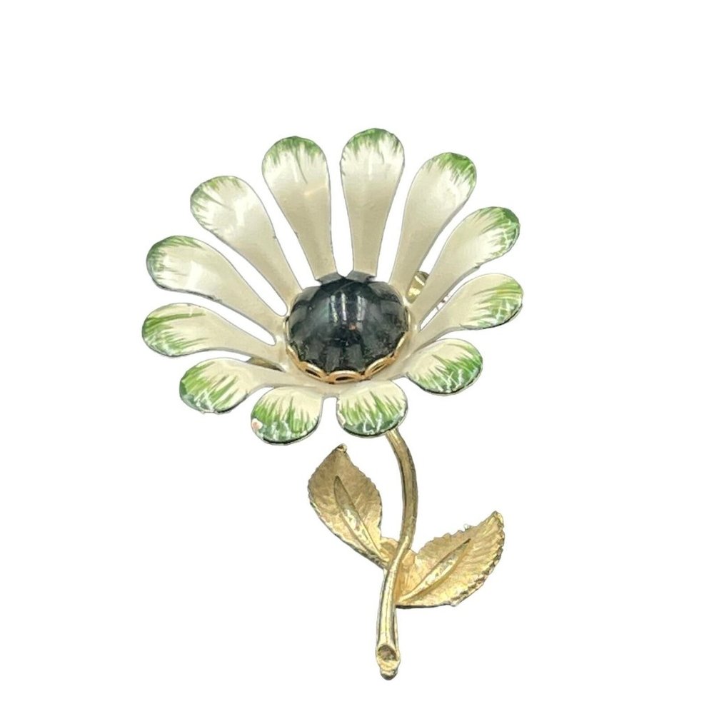 Flower Green White Leaves Gold Tone Metal Vintage Brooch Pin MCM 4” Black Stone